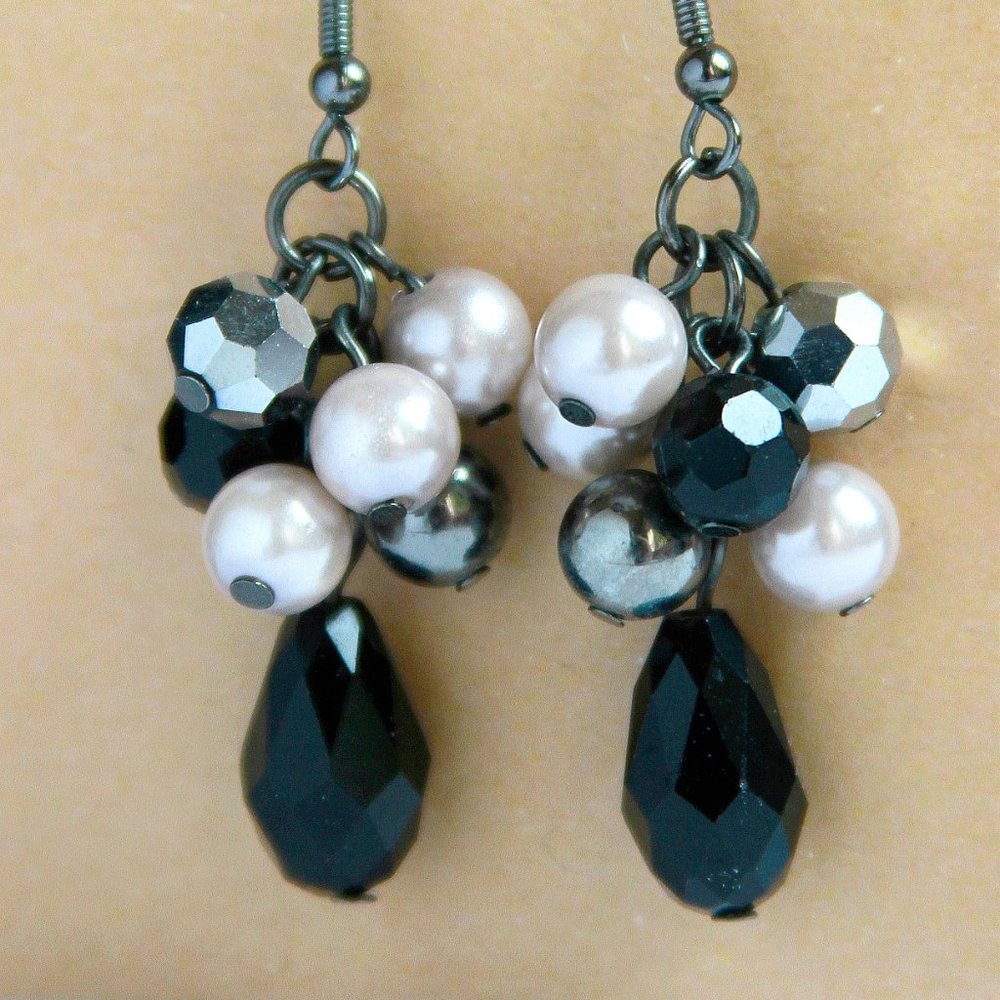 Black and Silver Cluster Drop Earrings